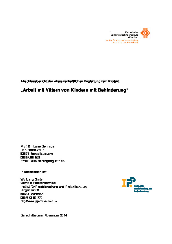 Cover Abschlussbericht der wissenschaftlichen Begleitung zum Projekt Arbeit mit Vätern von Kindern mit Behinderung