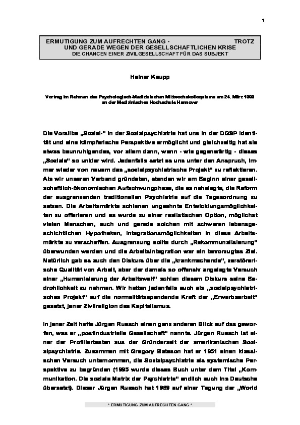 Cover Ermutigung zum aufrechten Gang – trotz und gerade wegen der gesellschaftlichen Krise: Die Chancen einer Zivilgesellschaft für das Subjekt