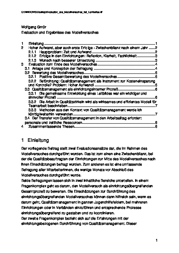 Cover Evaluation und Ergebnisse des Modellversuchs bei Lambertus