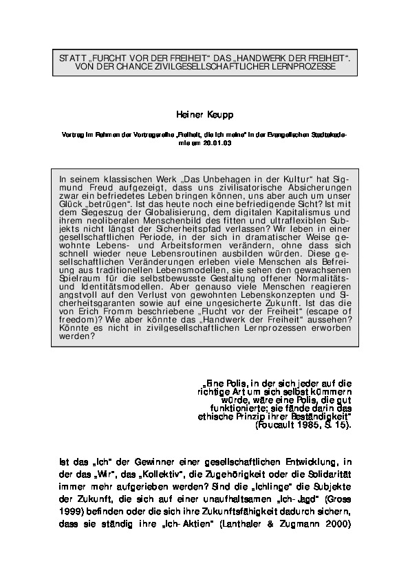 Cover Statt „Furcht vor der Freiheit“ das „Handwerk der Freiheit“. Von der Chance zivilgesellschaftlicher Lernprozesse