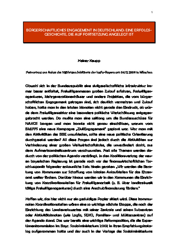 Cover Bürgerschaftliches Engagement in Deutschland. Eine Erfolgsgeschichte, die auf Fortsetzung angelegt ist