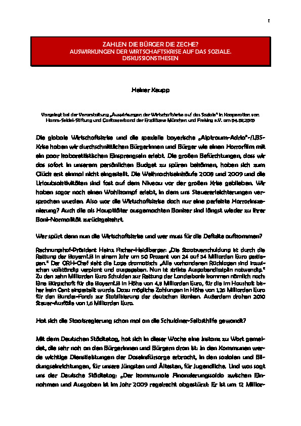 Cover Keupp, Heiner (2010). Zahlen die Bürger die Zeche? Auswirkungen der Wirtschaftskrise auf das Soziale. Diskussionsthesen