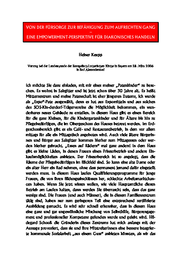 Cover Von der Fürsorge zur Befähigung zum aufrechten Gang – eine Empowerment-Perspektive für diakonisches Handeln