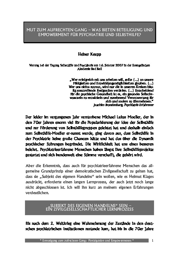 Cover Mut zum aufrechten Gang. Was bieten Beteiligung und Empowerment für Psychiatrie und Selbsthilfe?