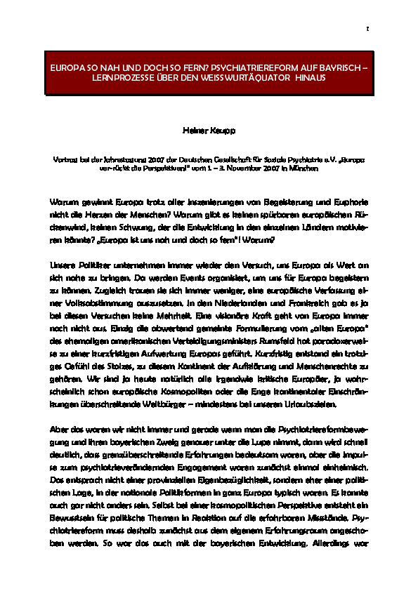 Cover Europa so nah und doch so fern? Psychiatriereform auf bayrisch – Lernprozesse über den Weisswurstäquator hinaus