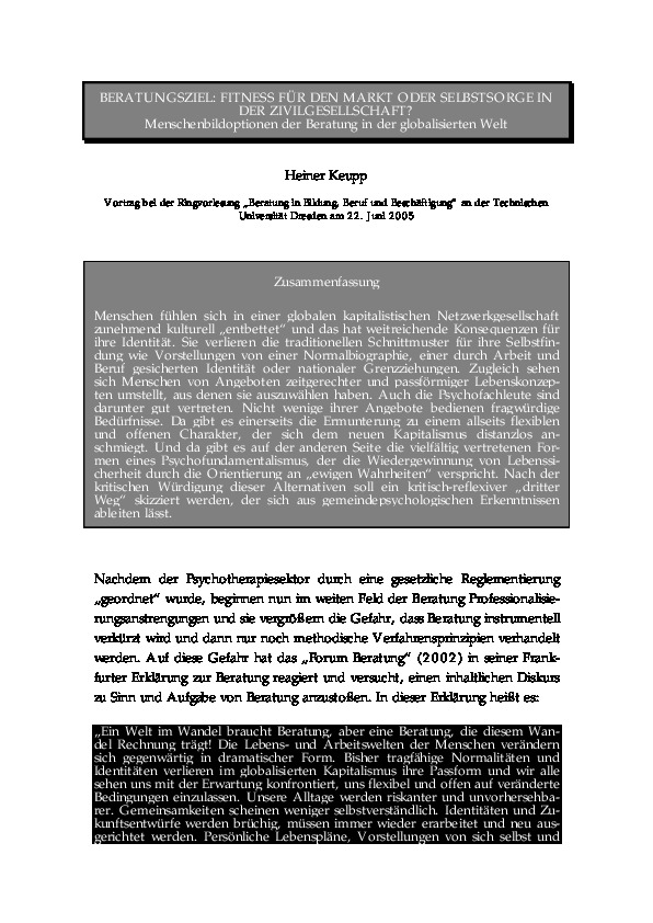 Cover Beratungsziel: Fitness für den Markt oder Selbstsorge in der Zivilgesellschaft? Menschenbildoptionen der Beratung in der globalisierten Welt