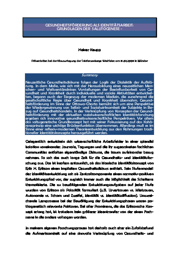 Cover Gesundheitsförderung als Identitätsarbeit. Grundlagen der Salutogenese