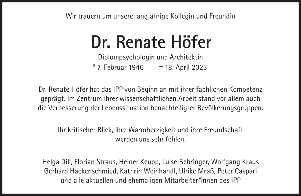 Traueranzeige für Renate Höfer vom 29.04.2023 aus Süddeutsche Zeitung